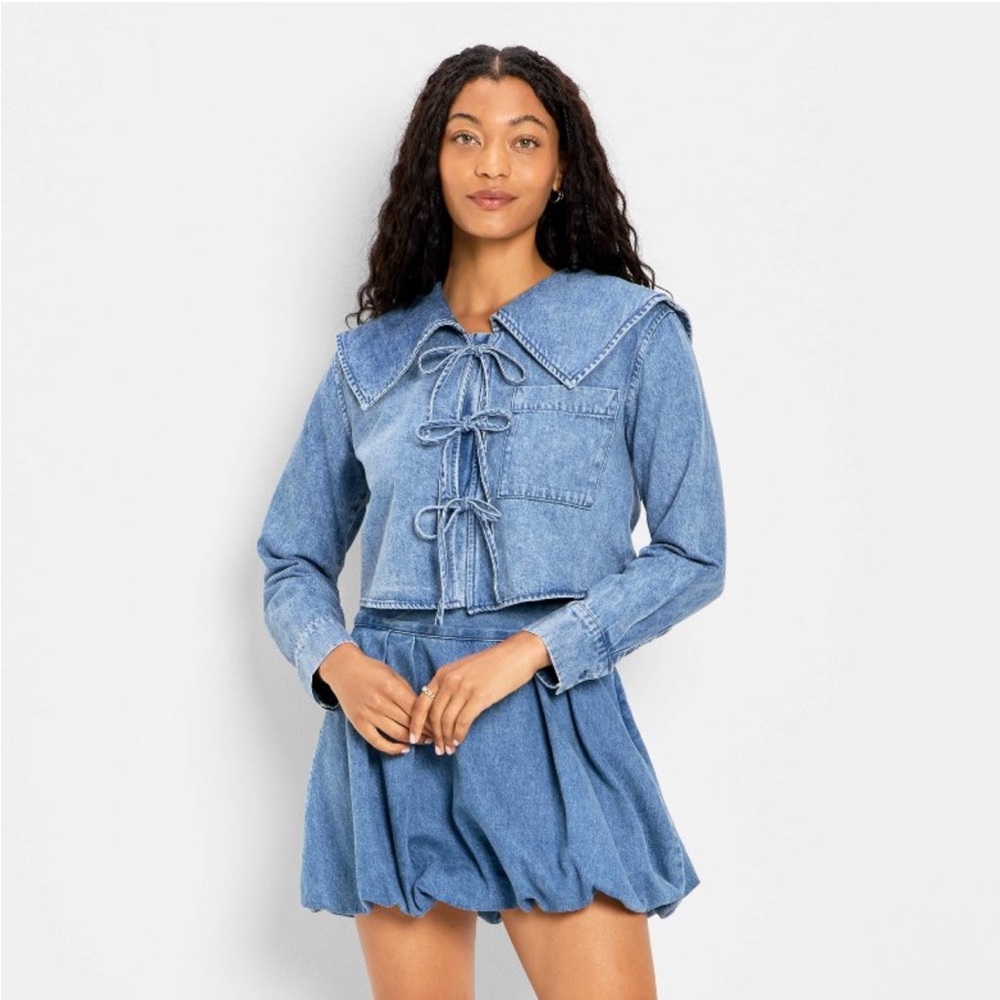 Women's Relaxed Flat Collar Long Sleeve Denim Tie Front Blouse NWT Sz S